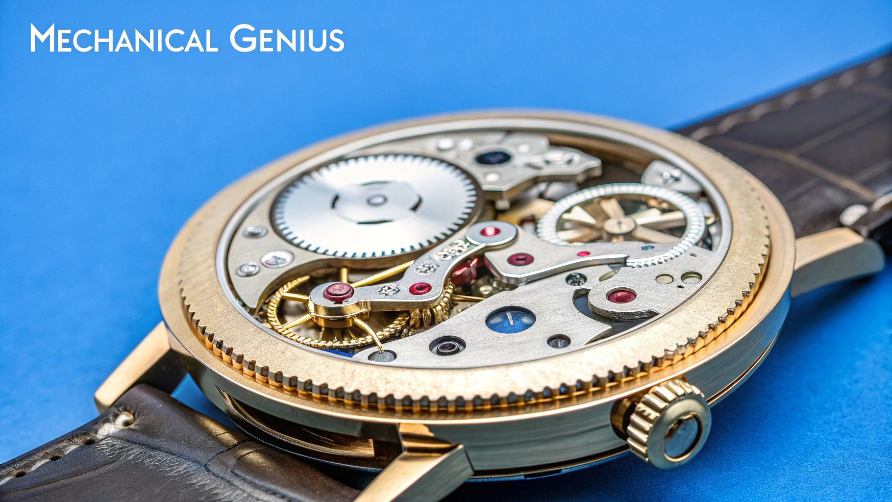 Intricate mechanical watch movement with gold case and visible gears and red jewels.