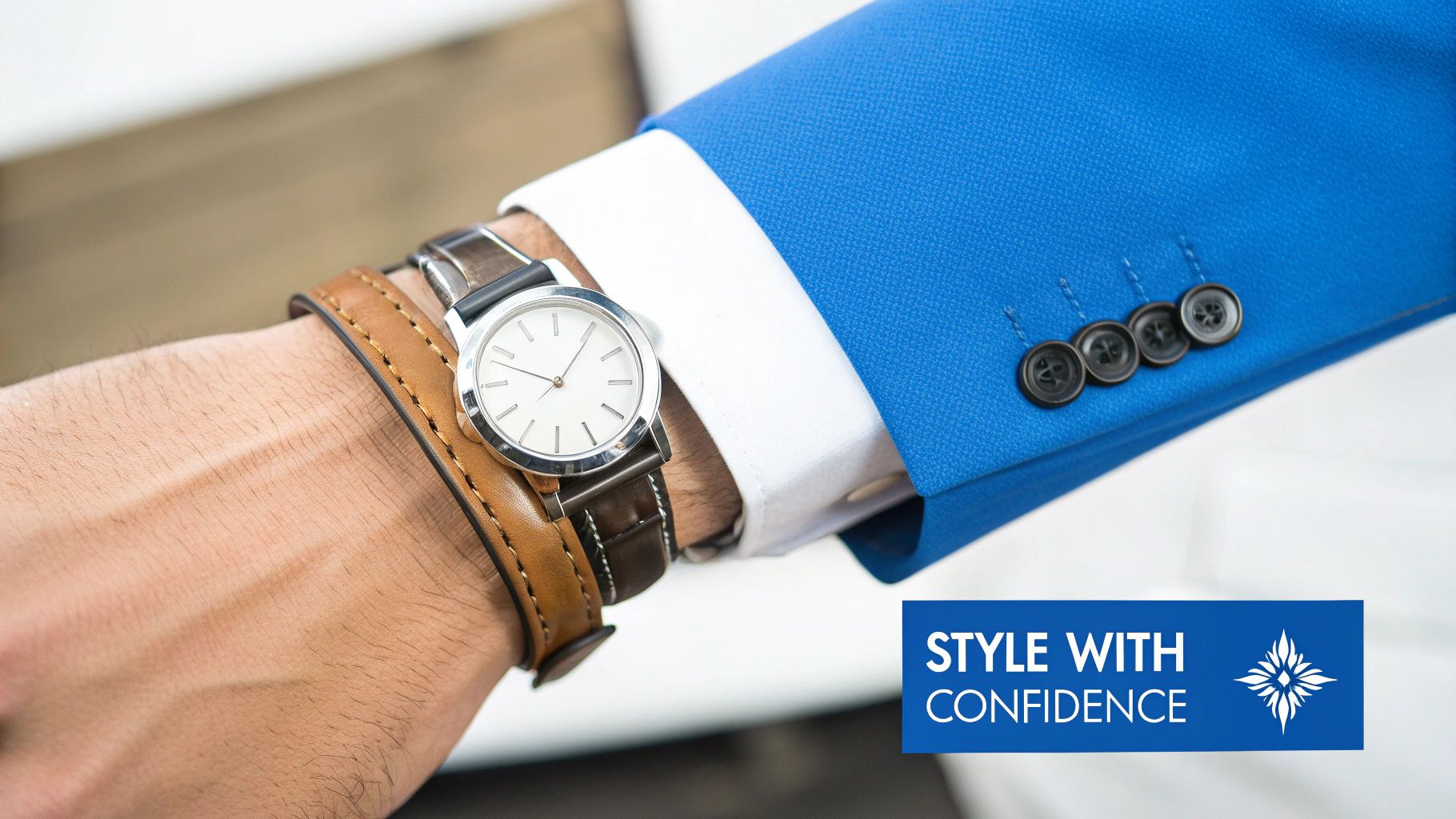 A person wearing a classic dress watch with a formal suit