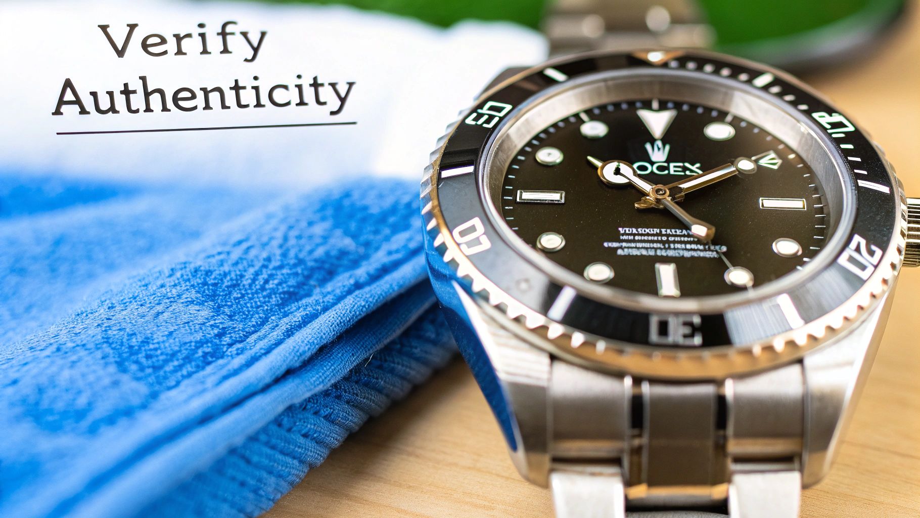 Close-up of a luxury watch on a blue cloth with 'Verify Authenticity' text, highlighting genuine products.
