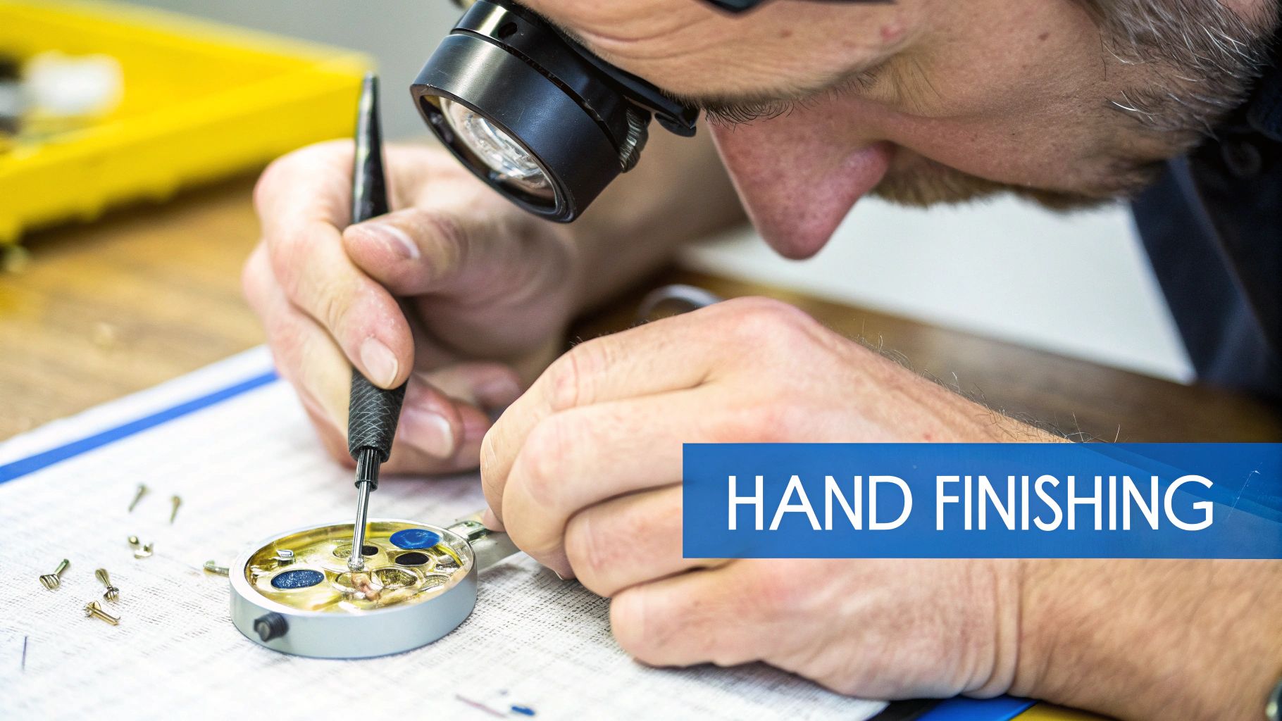 Close-up of a watchmaker meticulously hand-finishing a watch movement with a small screwdriver.
