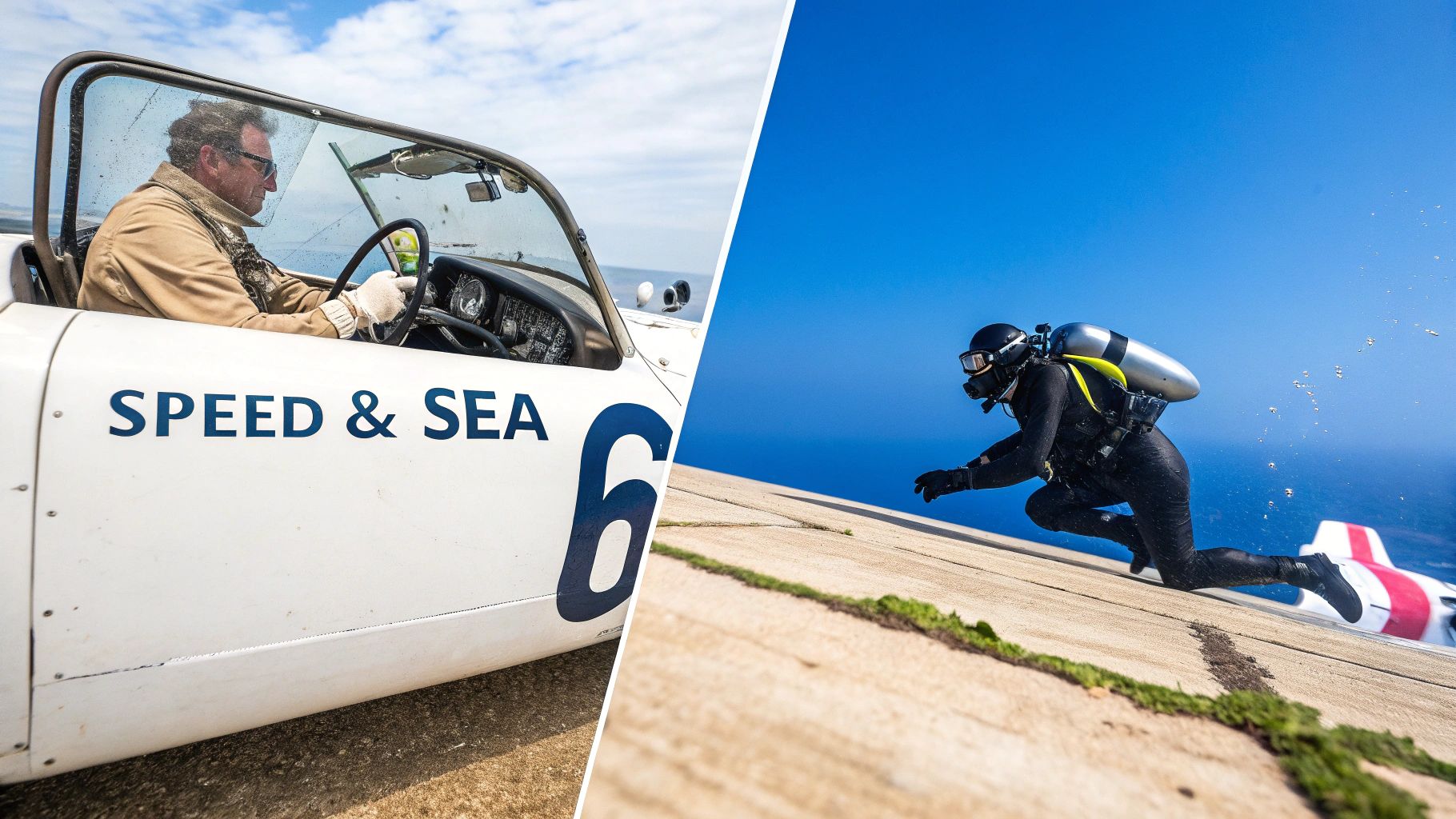 Split image of a man in a vintage car and a scuba diver on a ramp next to the ocean.