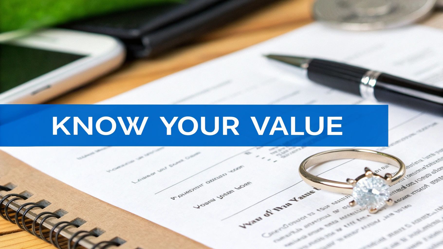 A blue banner with 'KNOW YOUR VALUE' over a document, pen, phone, and a diamond engagement ring.