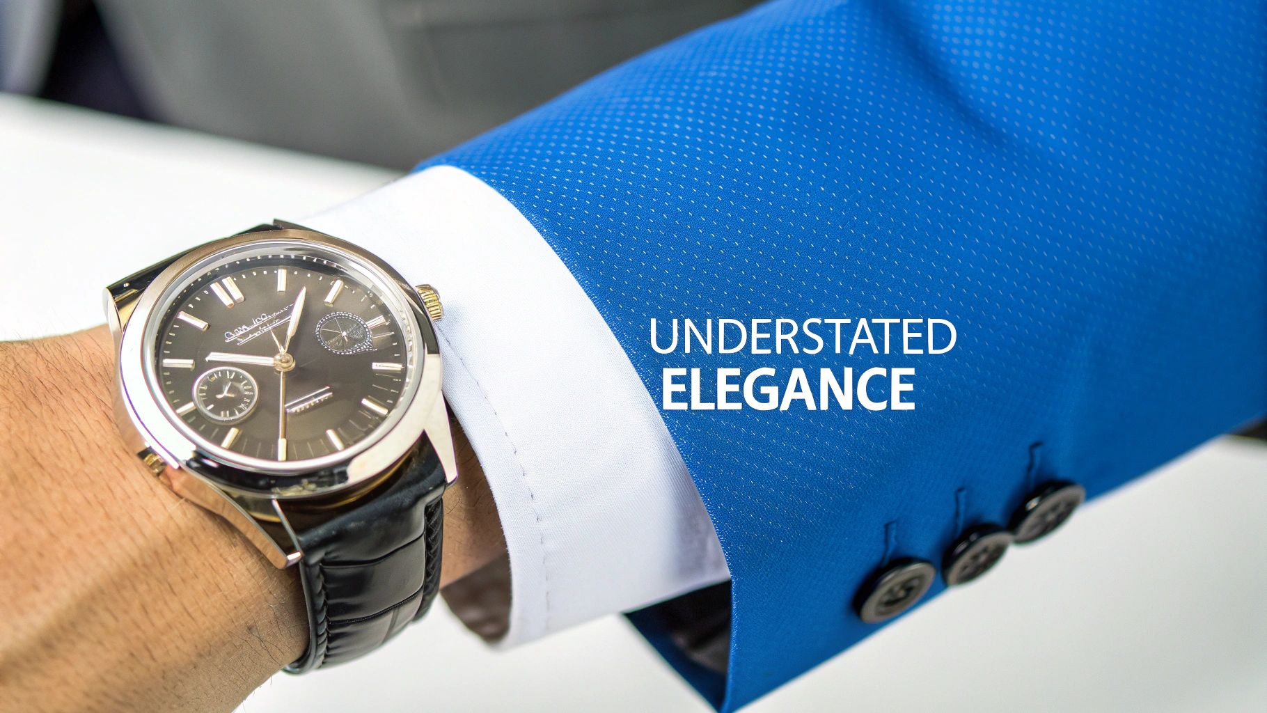 Close-up of a person's wrist wearing an elegant silver and black dress watch, white shirt, and blue blazer with "UNDERSTATED ELEGANCE" text.