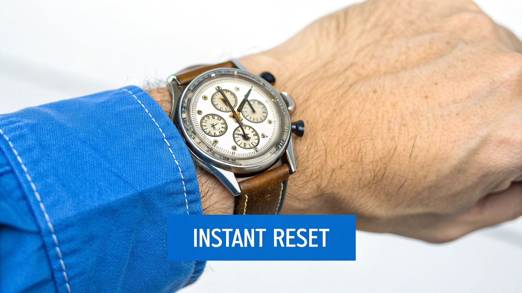 Close-up of a person's wrist wearing a chronograph watch with a brown leather strap, featuring an 'Instant Reset' text overlay.