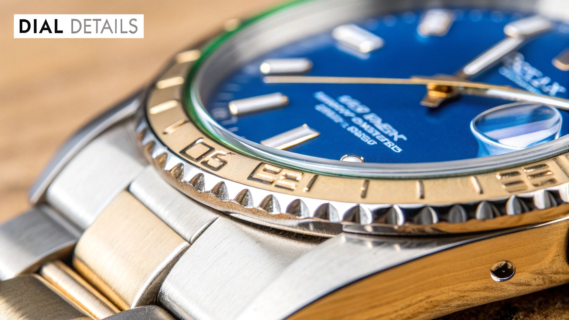 Close-up of a Rolex dial, case, and bracelet