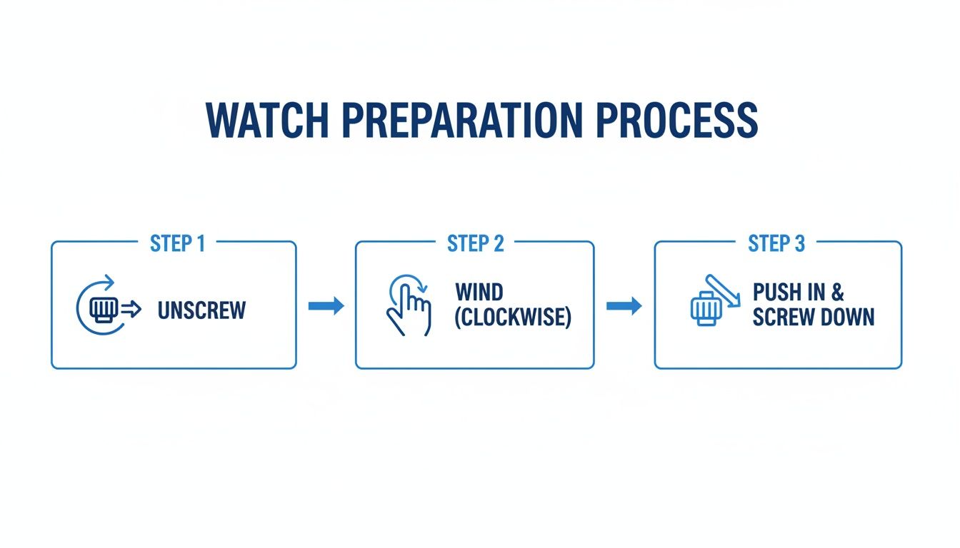 Diagram illustrating a three-step watch preparation process: unscrew, wind clockwise, then push in and screw down.