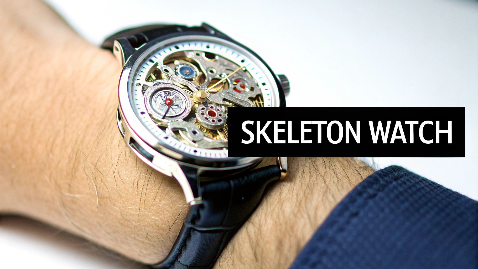 Close-up of a stylish skeleton watch worn on a person's wrist, showcasing its intricate gears and movement.