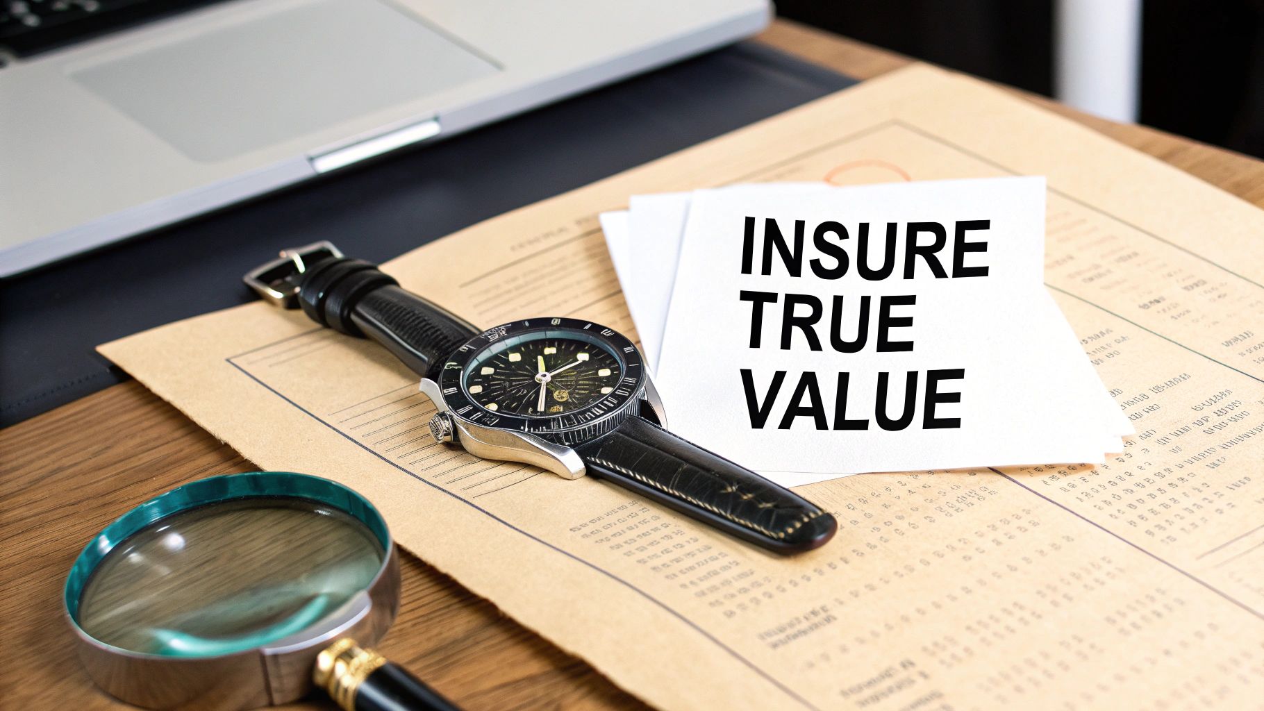 A desk with a wristwatch, magnifying glass, laptop, and a note saying 'INSURE TRUE VALUE'.