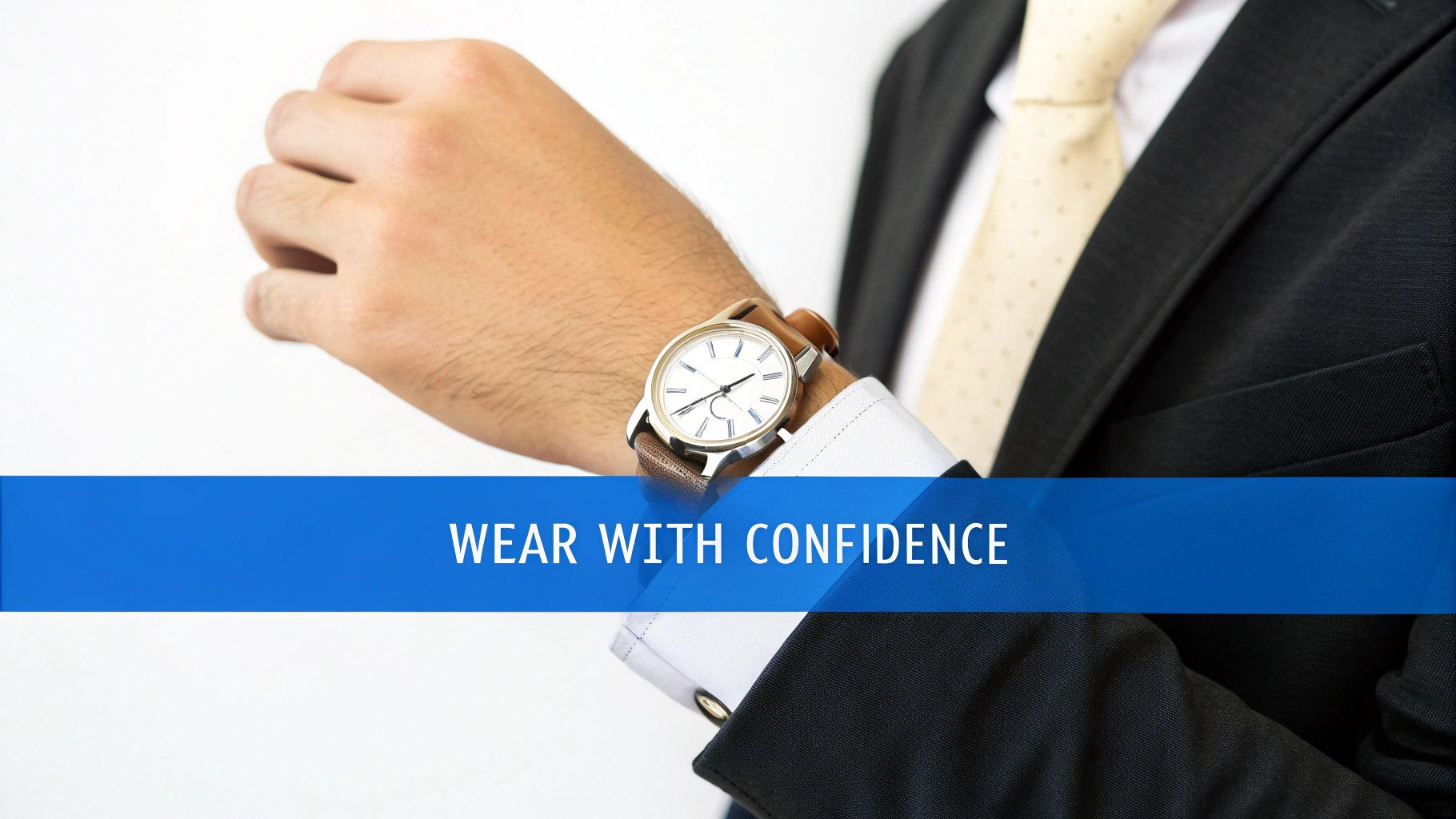 Close-up of a man wearing a classic dress watch with a brown leather strap, a white shirt, and a black suit.