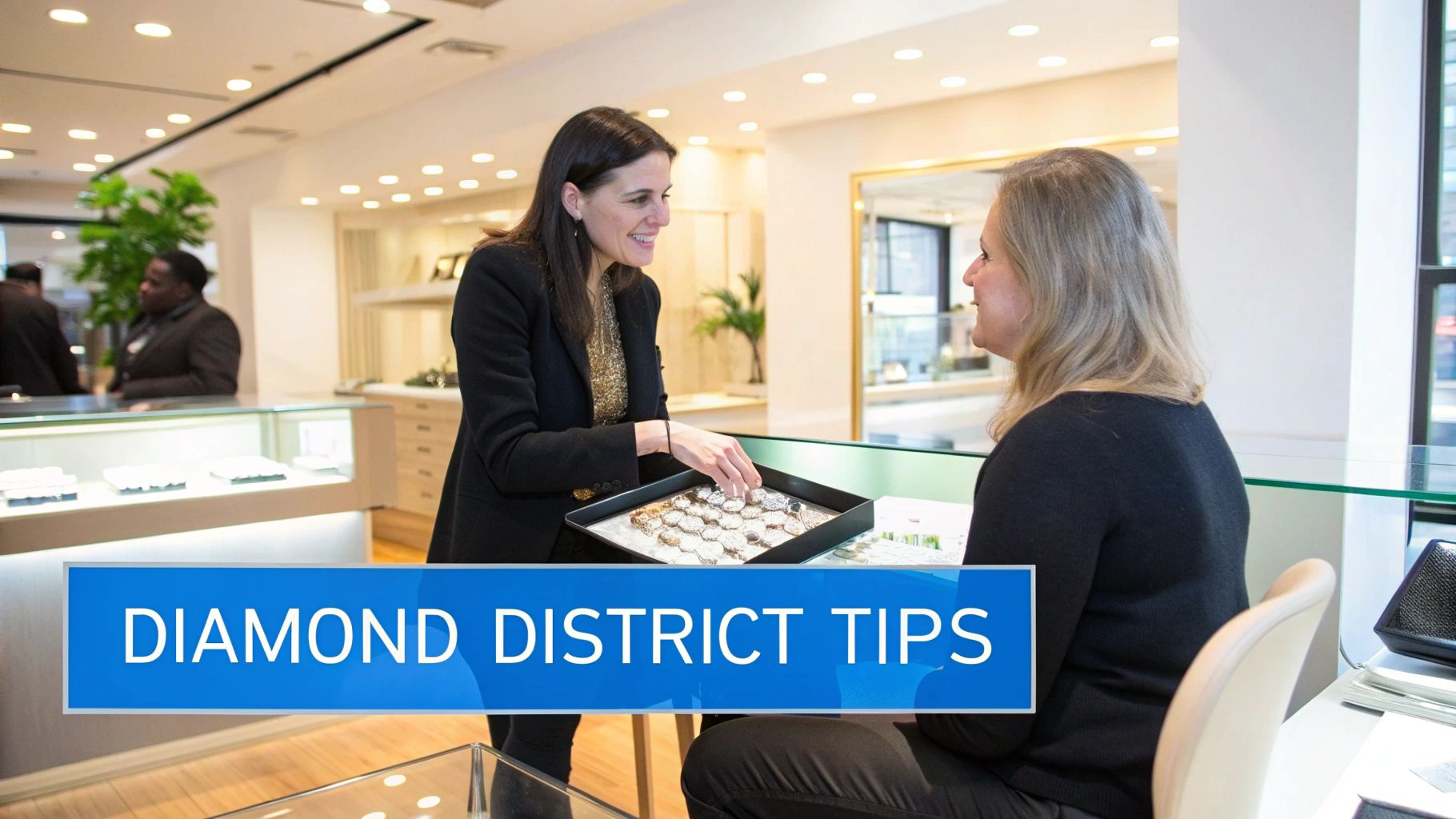 A smiling sales associate shows a tray of diamond rings to a customer in a bright jewelry store.