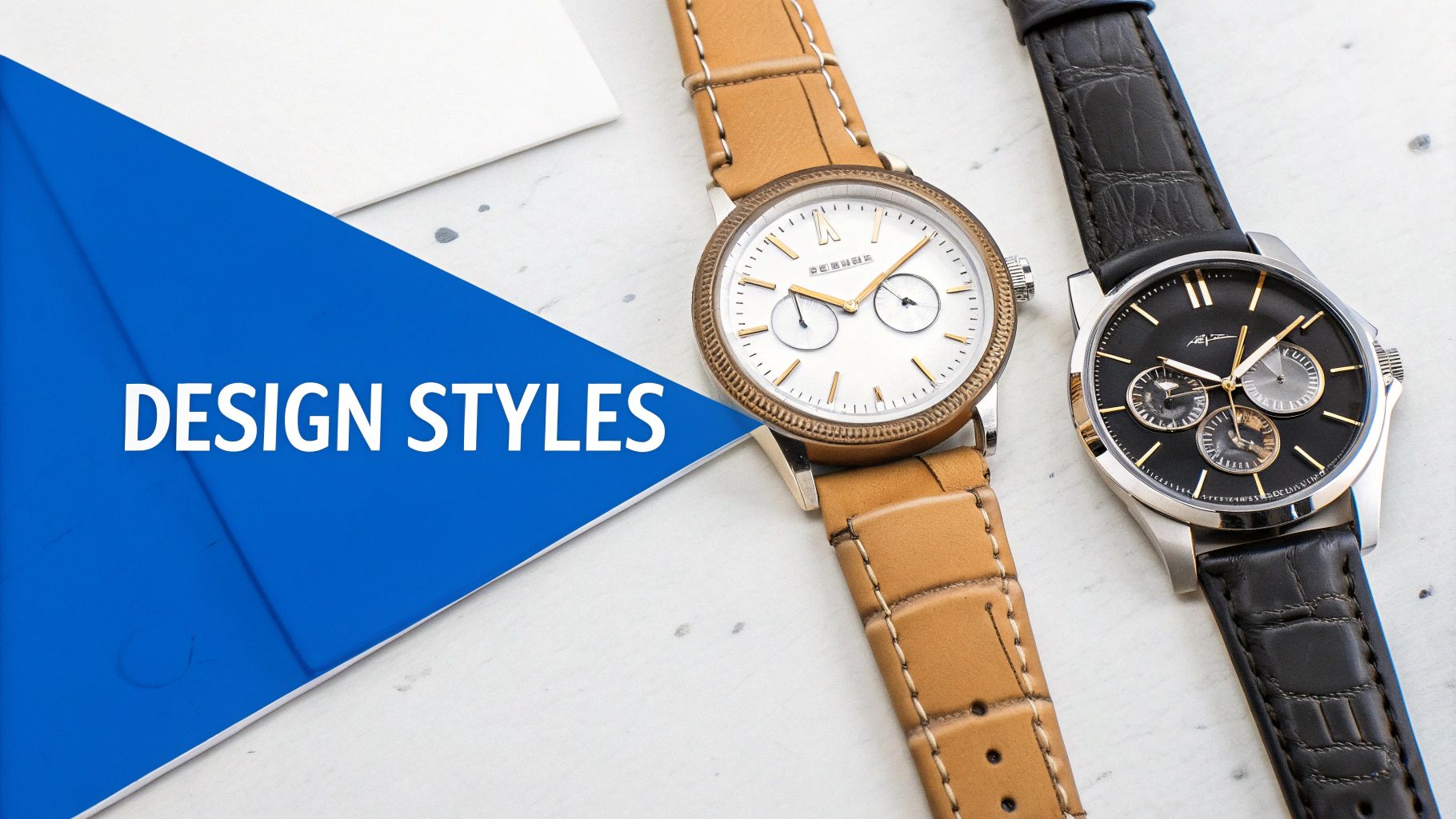 Two elegant men's wristwatches, one with a white dial and brown strap, the other with a black dial and strap, displayed on a white surface.