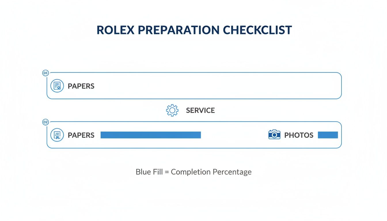 A Rolex preparation checklist showing completion progress for papers, service, and photos tasks.