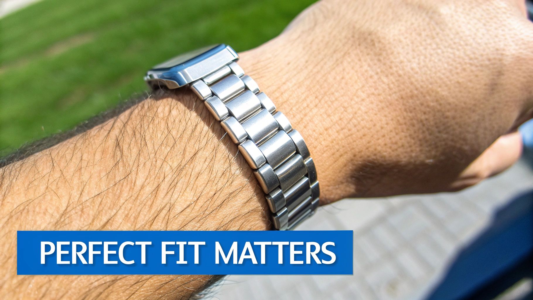 Close-up of a silver metal watch bracelet perfectly fitted on a person's hairy wrist, with text 'PERFECT FIT MATTERS'.