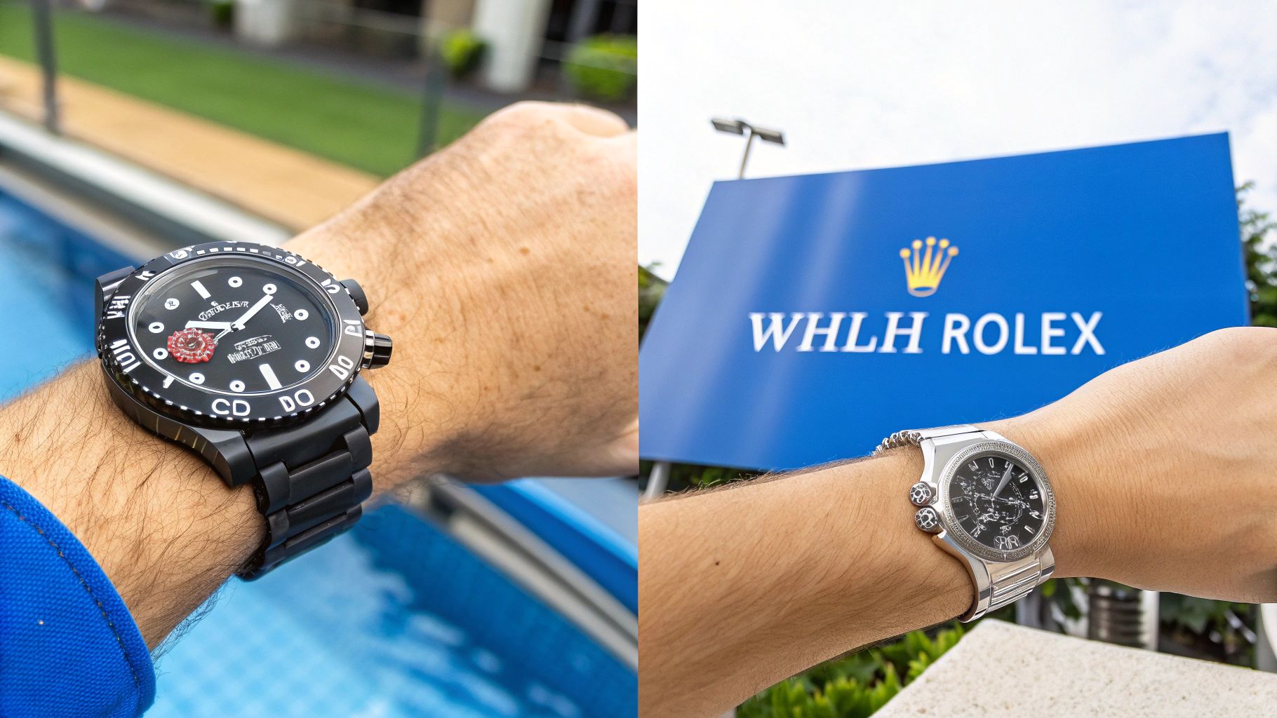 Two men's wrists display a black dive watch by a pool and a silver chronograph near a Rolex sign.