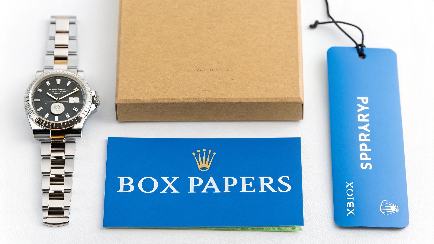 A complete Rolex watch set including the box, papers, and hang tags