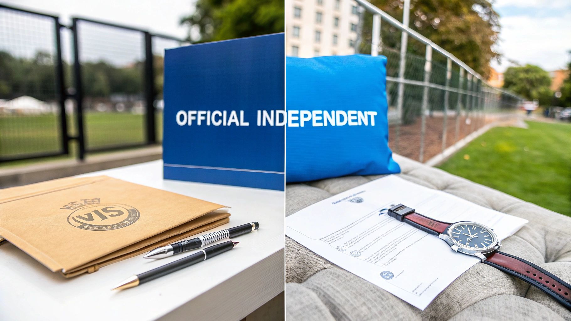 A split image showing official documents, pens, a blue sign, and a watch on paperwork outdoors.