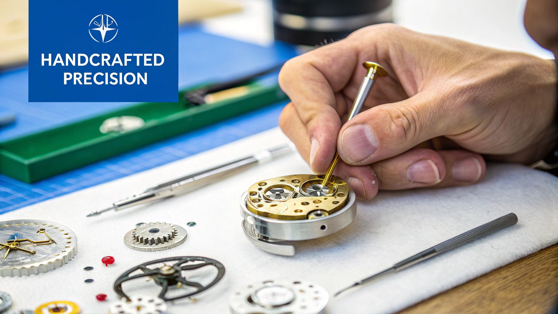 Hands carefully assemble intricate watch components, demonstrating handcrafted precision in watchmaking.