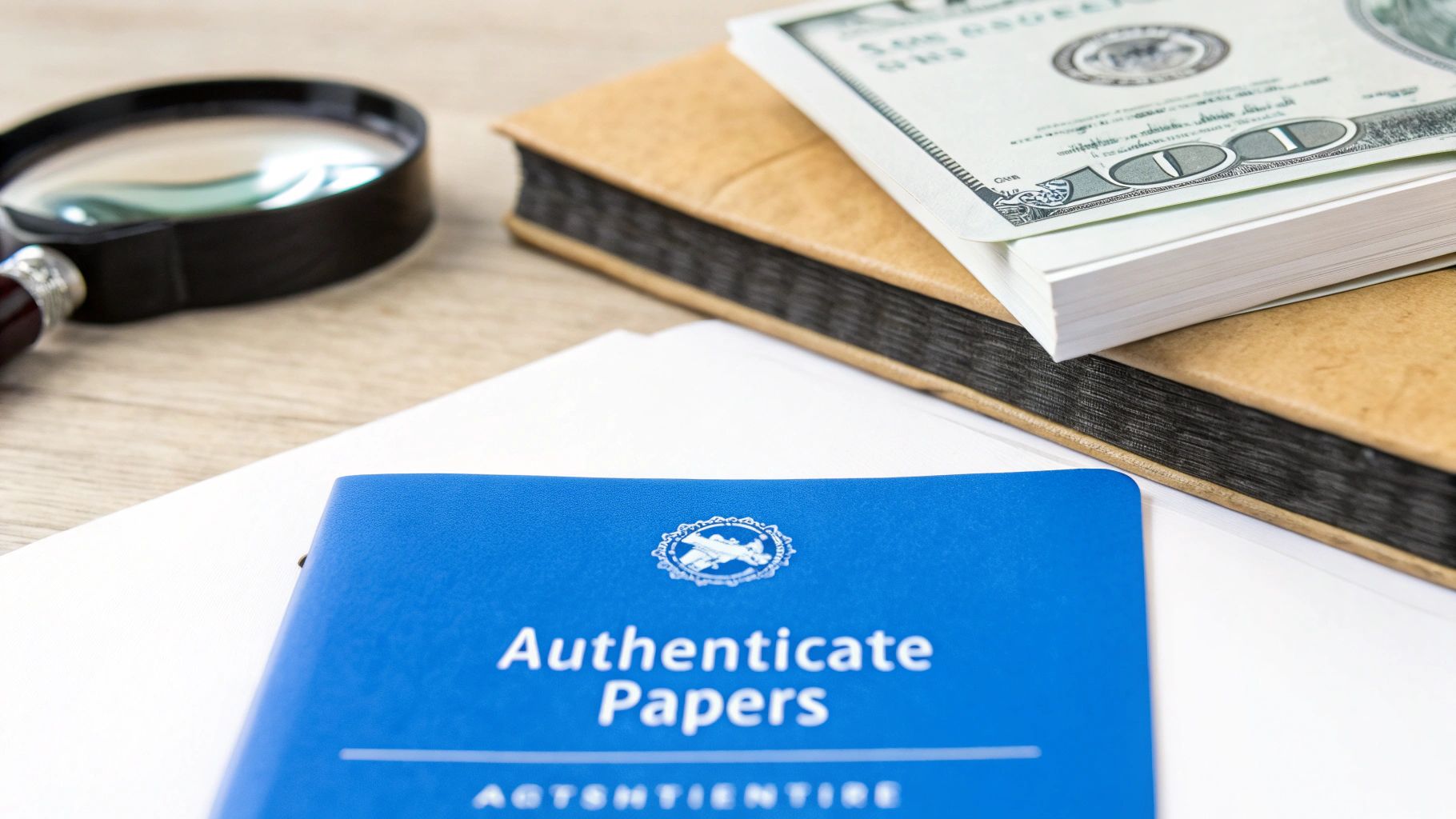 A magnifying glass, money, and a blue folder titled 'Authenticate Papers' on a wooden desk.