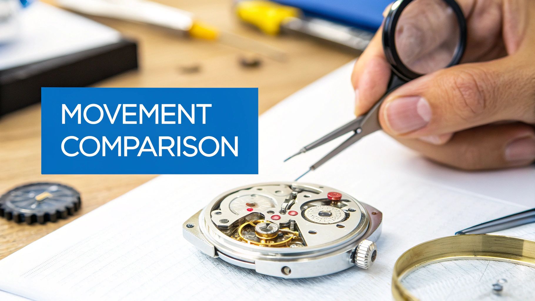 A close-up view of the intricate internal movement of an Omega watch.