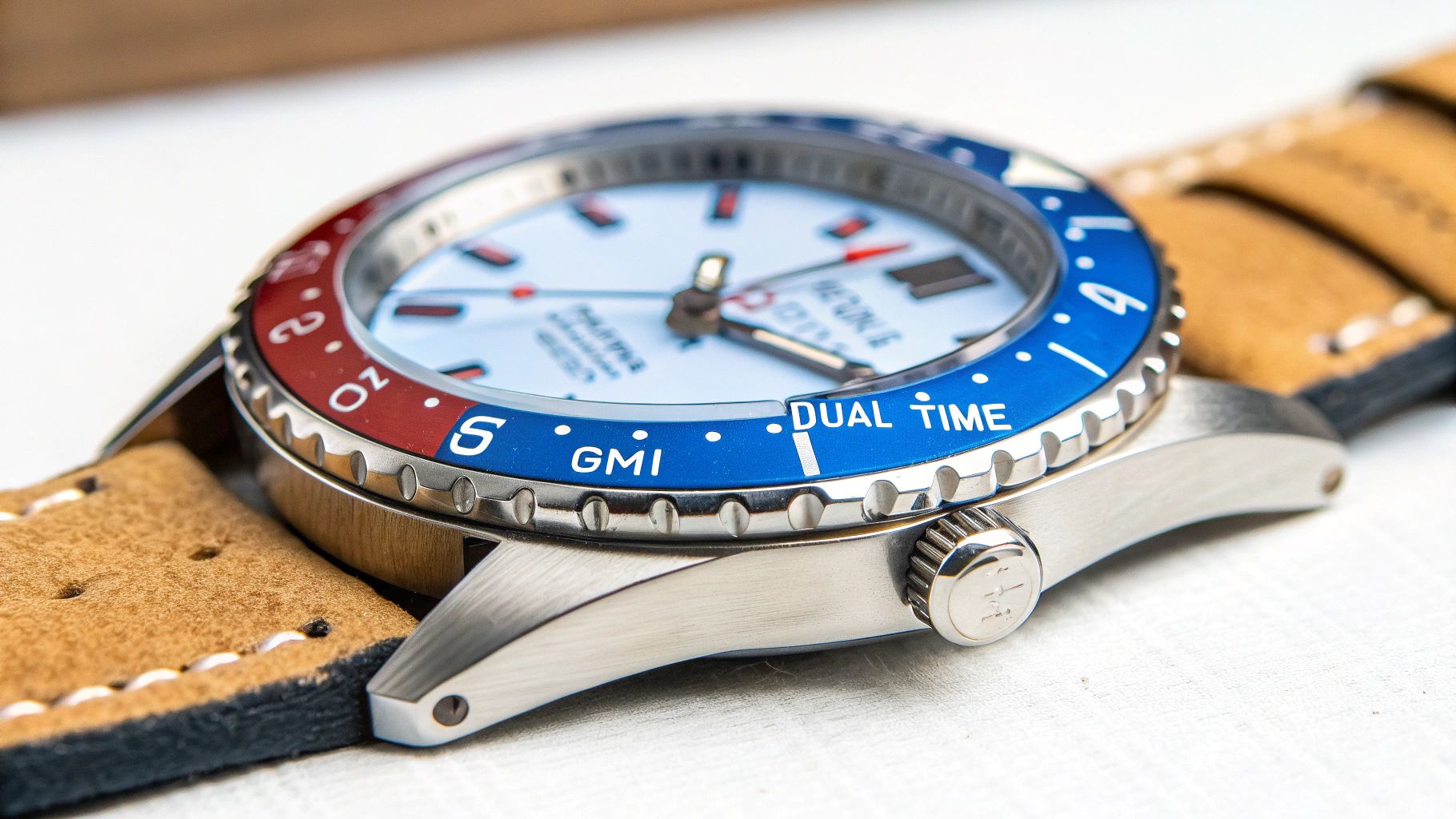 Close-up of a stylish GMT watch with a blue and red bezel, light blue dial, and brown leather strap.