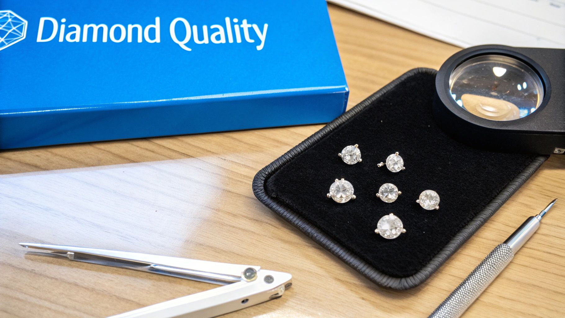 A jeweler's workbench with loose diamonds, a magnifying loupe, and gemology tools, next to a 'Diamond Quality' box.