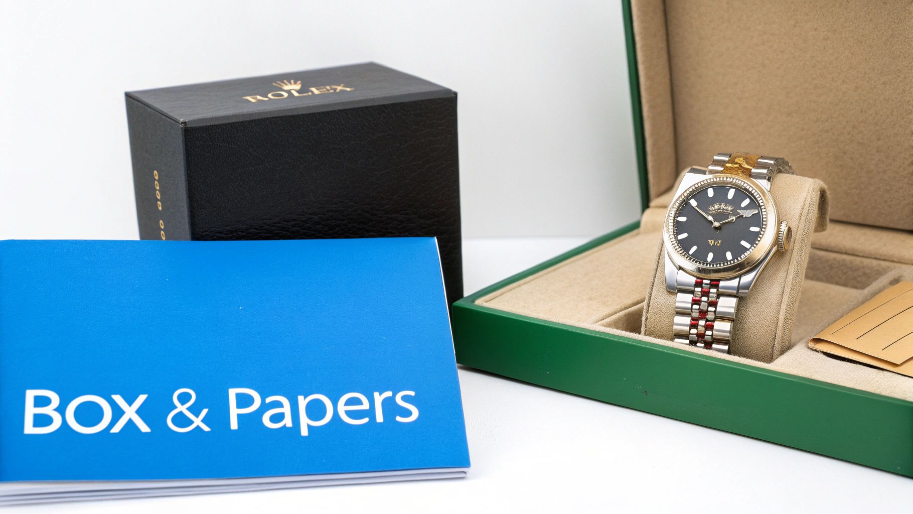 A Rolex watch with its original box and papers arranged neatly