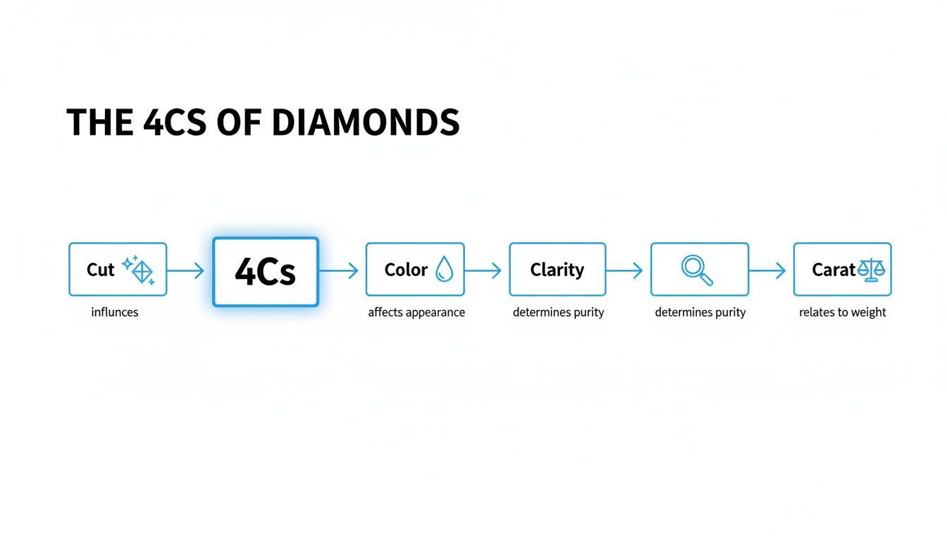 Infographic explaining the 4Cs of diamonds: Cut, Color, Clarity, and Carat properties.