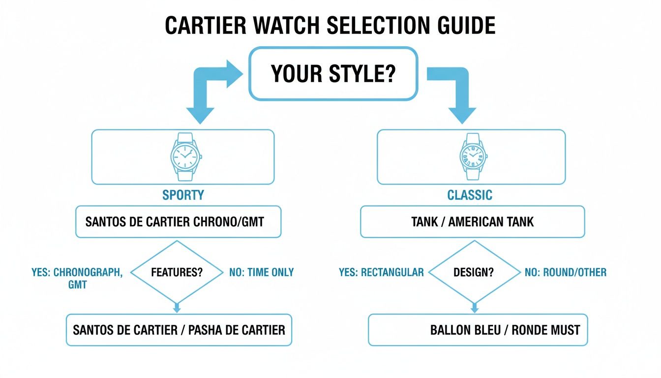 A Cartier watch selection guide flowchart for choosing between Sporty or Classic styles and specific models.