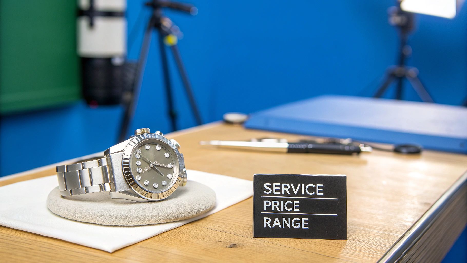 A silver luxury watch with diamond hour markers on a stand, next to a 'Service Price Range' sign.