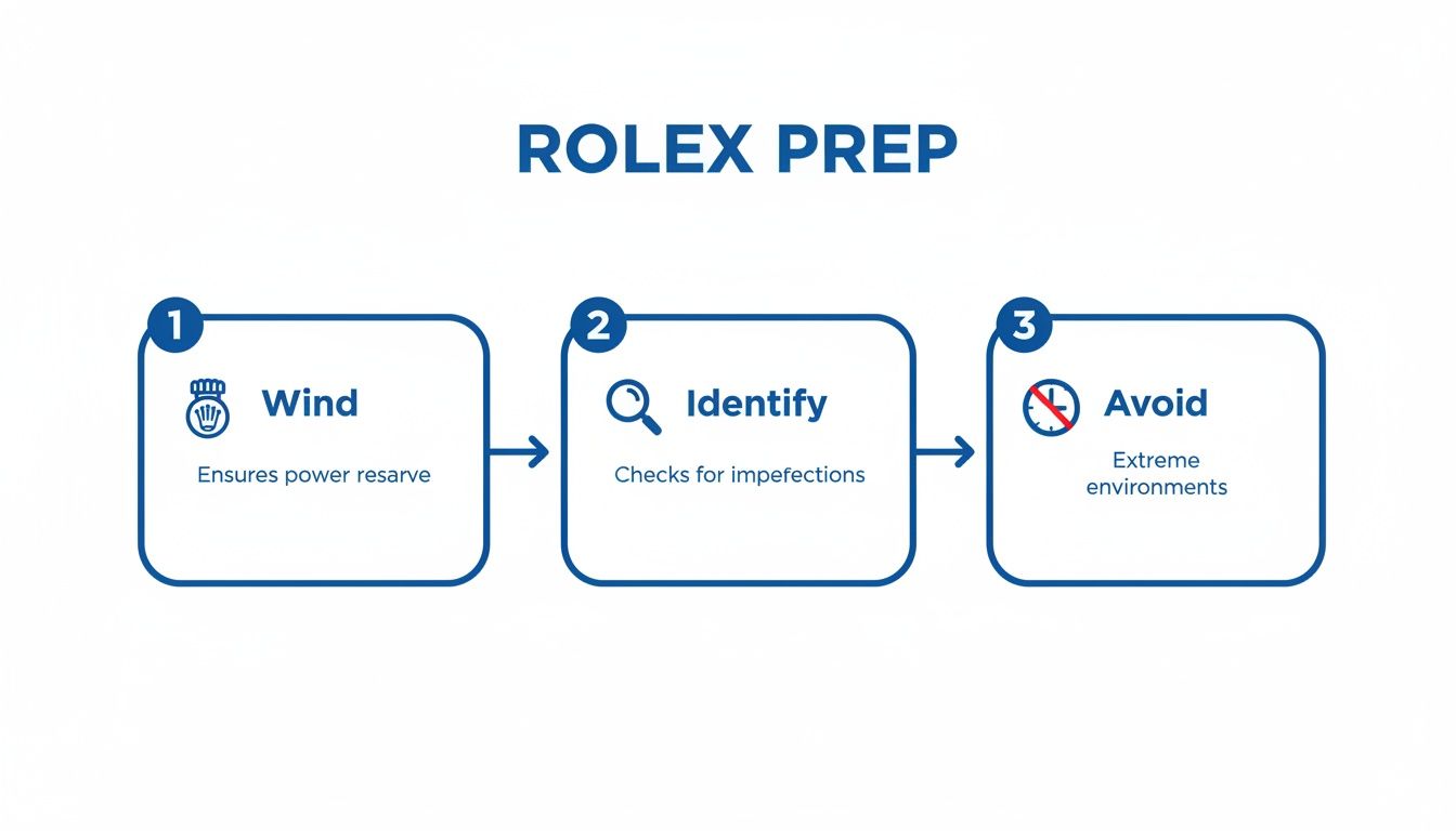 A three-step guide for Rolex watch preparation, including winding, identifying imperfections, and avoiding extreme environments.