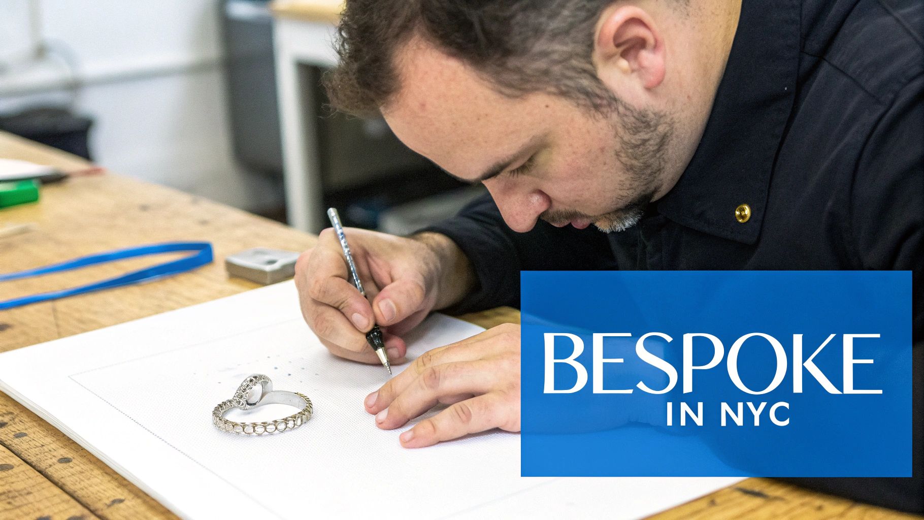 A close-up of a stunning, custom-designed engagement ring held between two fingers.