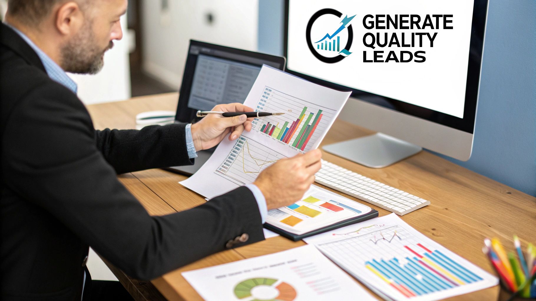 A franchise development director analyzing lead generation data on a tablet.
