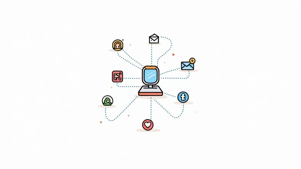 Image showing different communication channels like email, phone, and social media icons connected in a sequence.