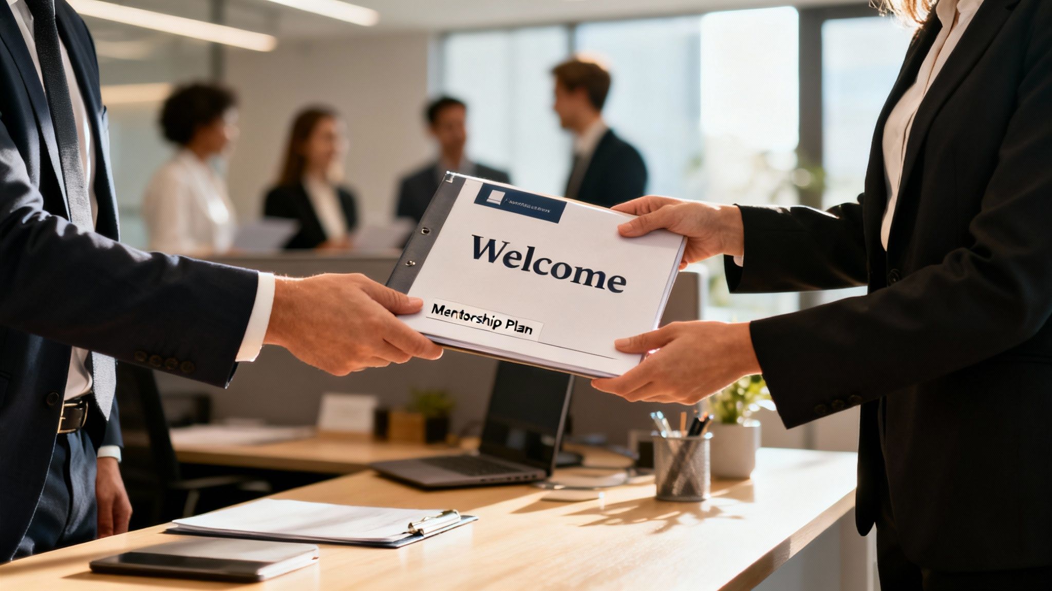 Two professionals exchanging a 'Welcome Mentorship Plan' binder in a bright, modern office setting.