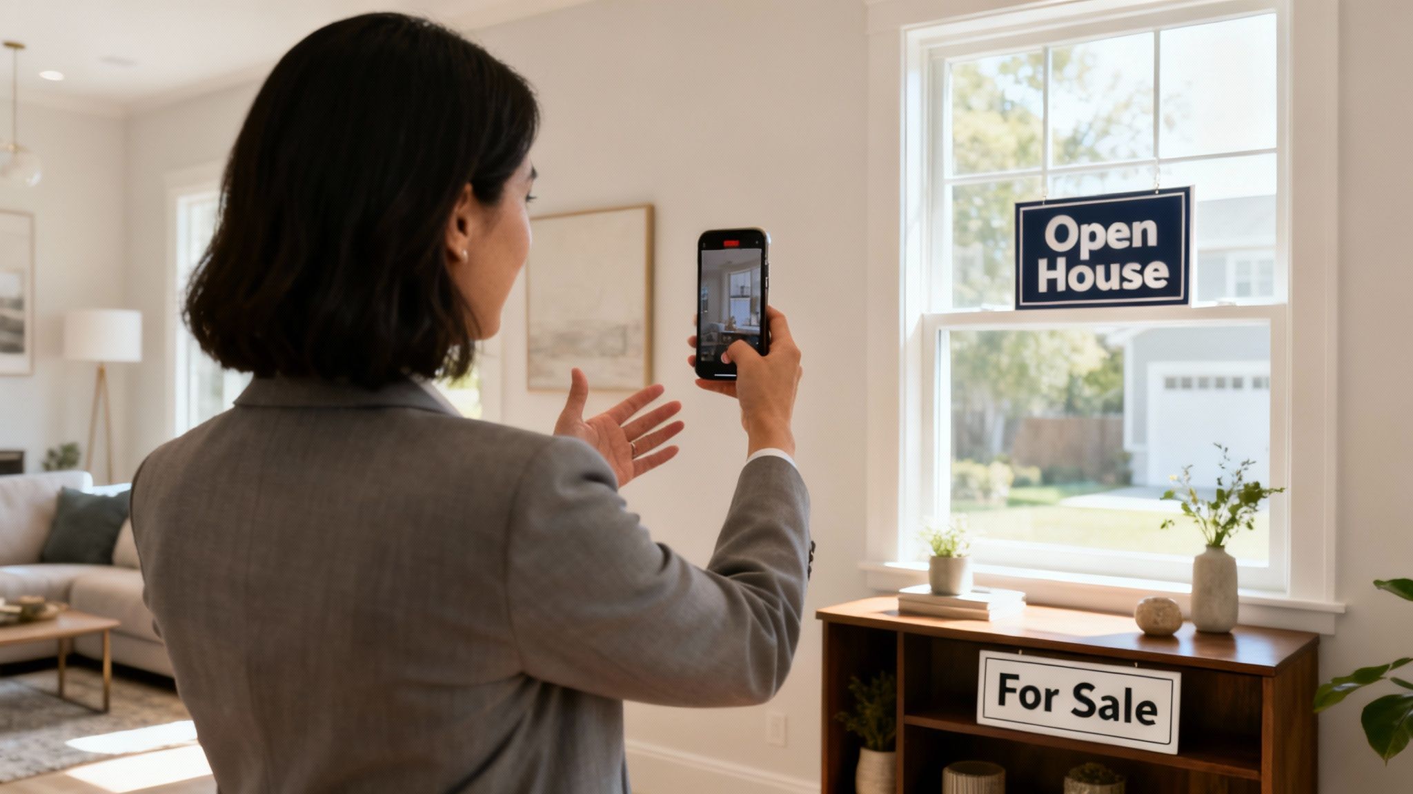 A person in a suit records an "Open House" sign in a window with a smartphone.