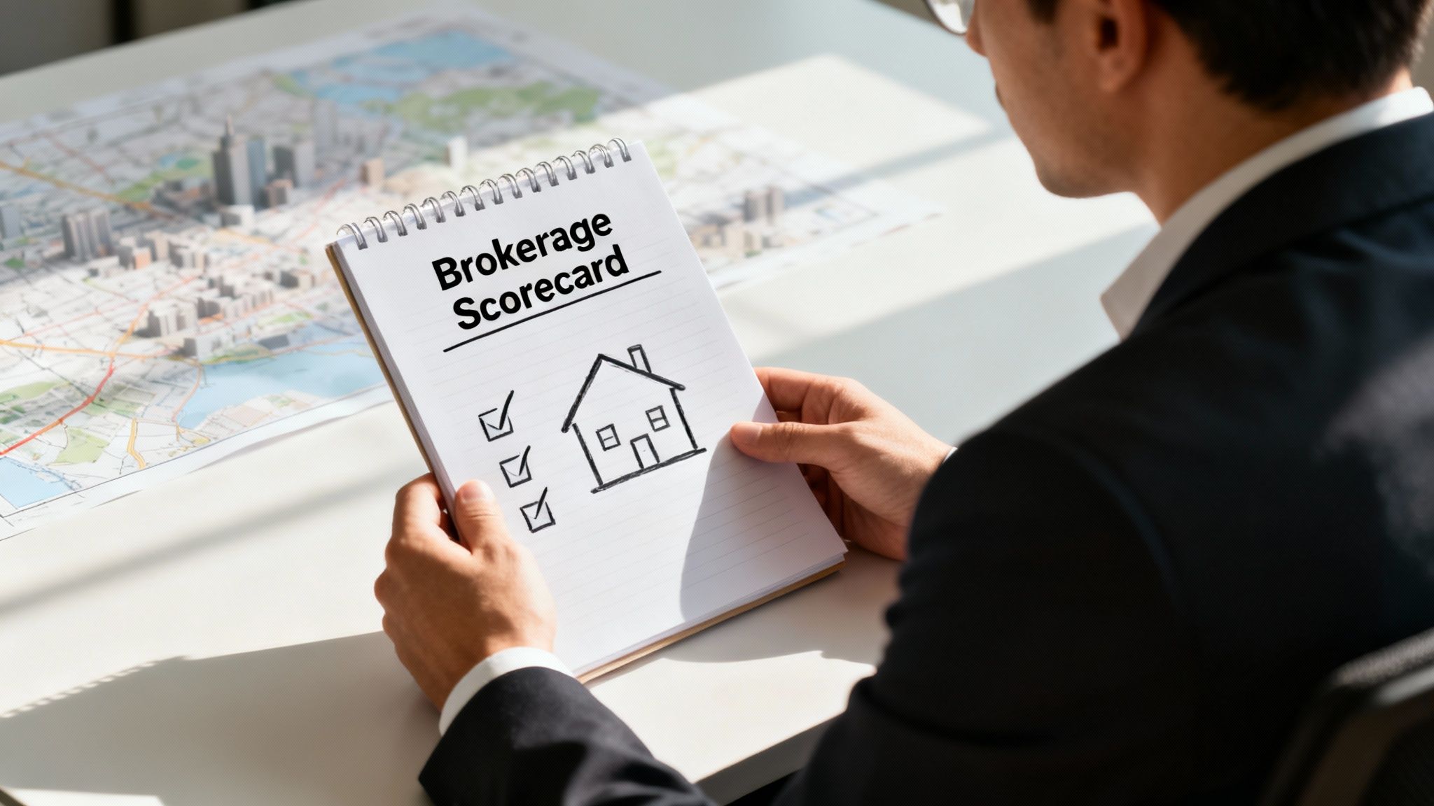 Businessman reviewing a 'Brokerage Scorecard' with a house icon and checklist over a city map.