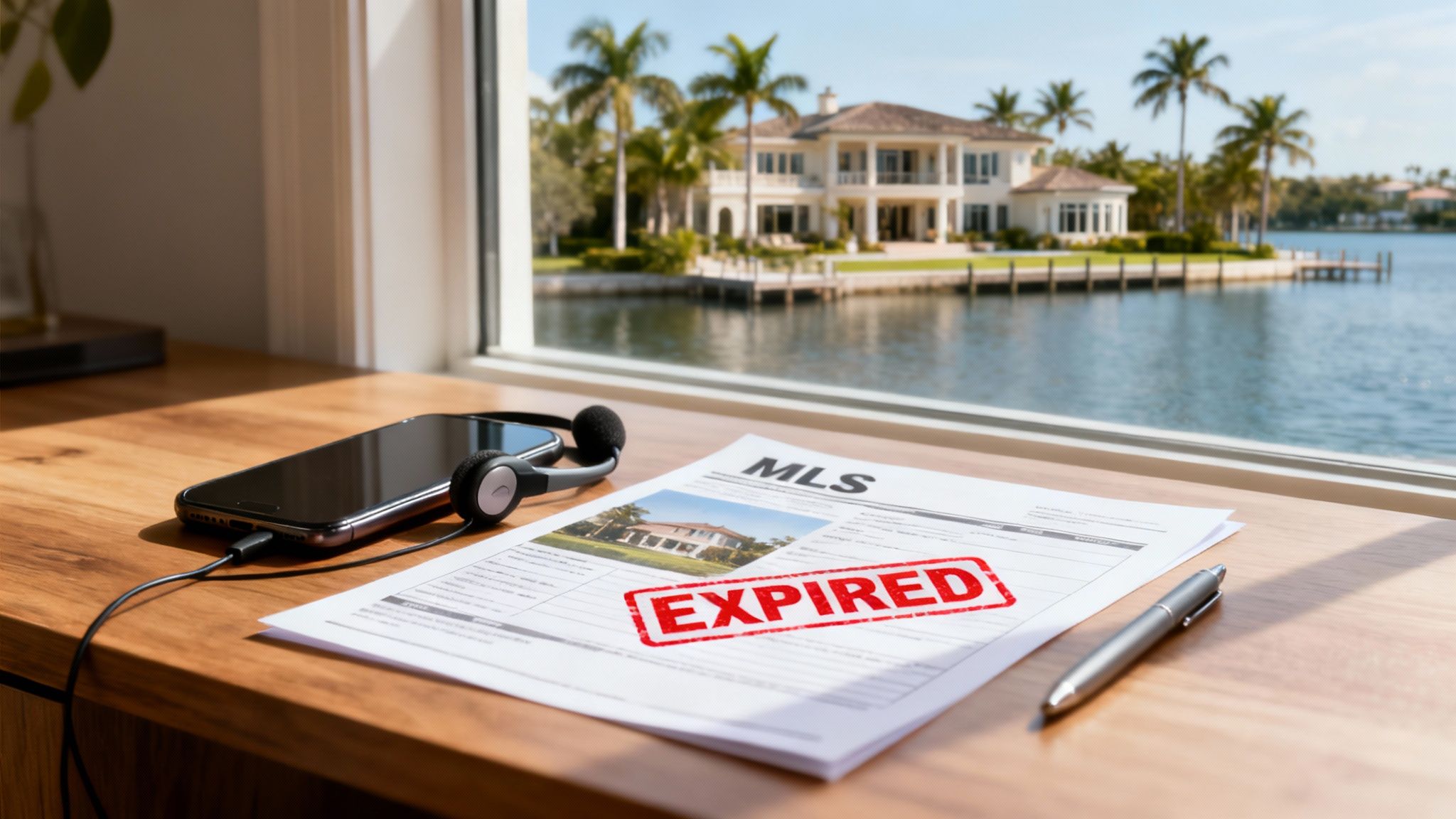 A real estate MLS listing marked 'EXPIRED' with a phone and headphones on a table overlooking a luxury waterfront home.