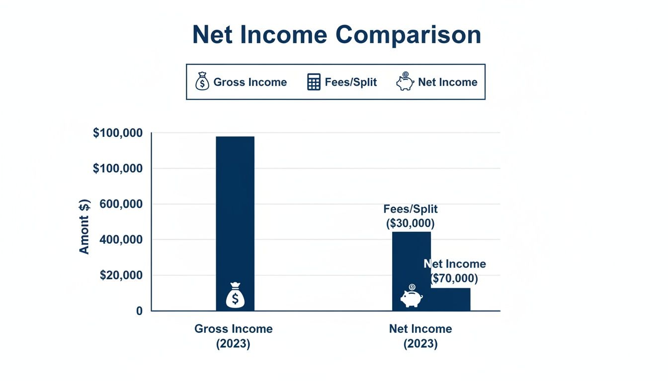 Bar chart comparing gross income ($100,000) to net income ($70,000) after $30,000 in fees for 2023.