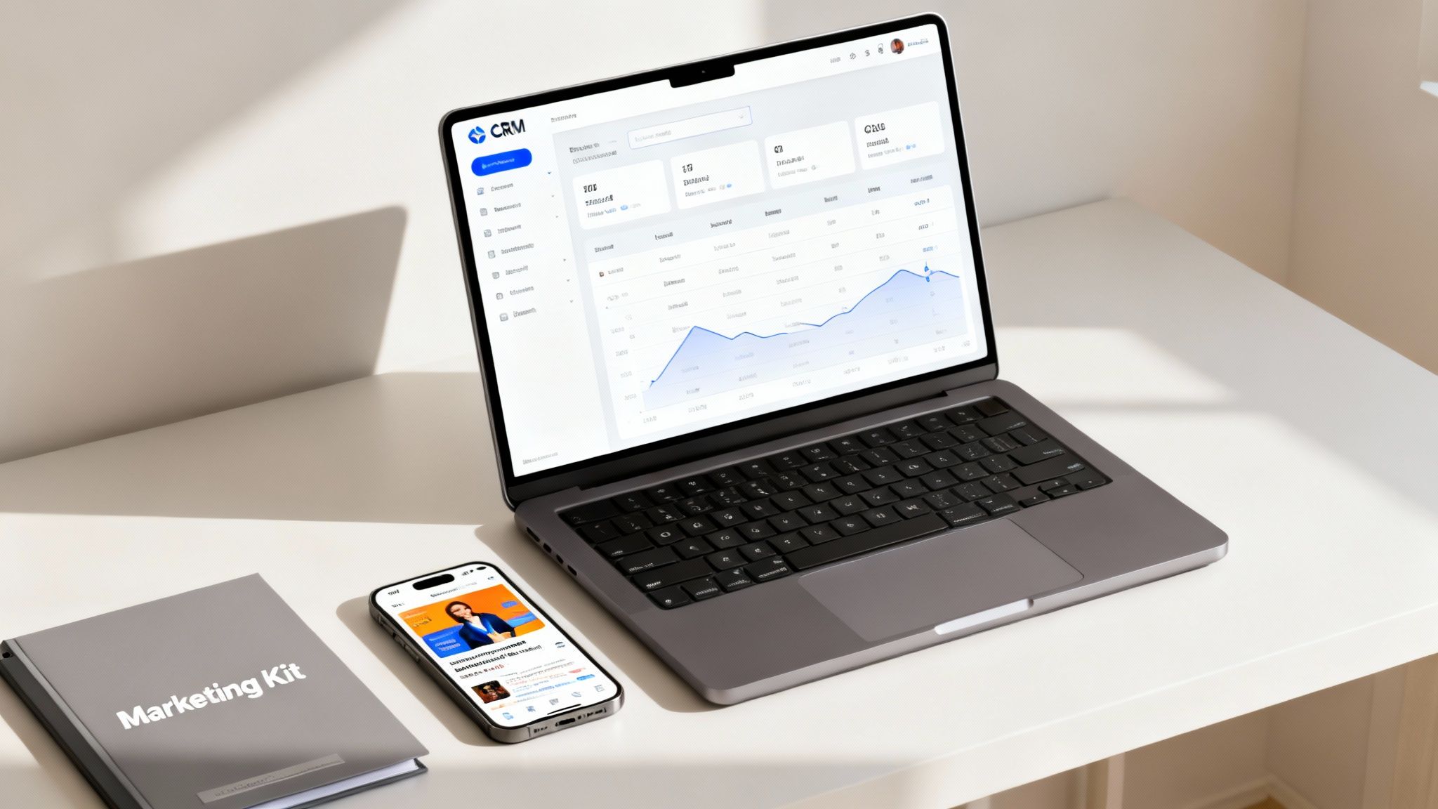 A modern workspace with a laptop displaying a CRM dashboard, a smartphone, and a 'Marketing Kit' notebook.