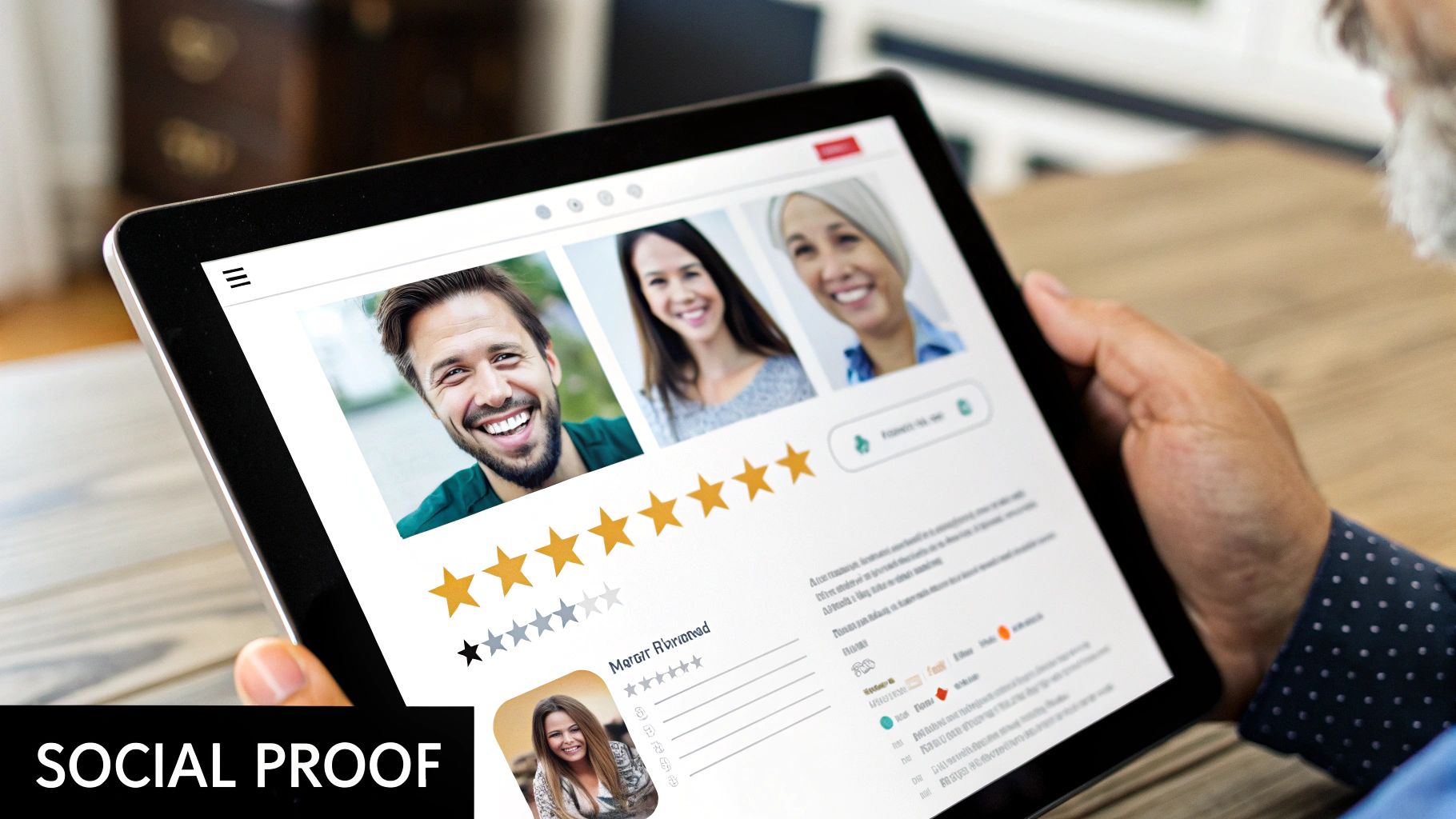 A collage of social proof examples like star ratings, customer testimonials, and trust badges on a website.