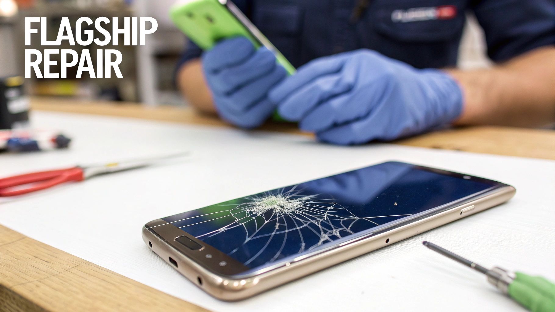 A technician carefully working on a Samsung phone screen replacement in a clean workshop.