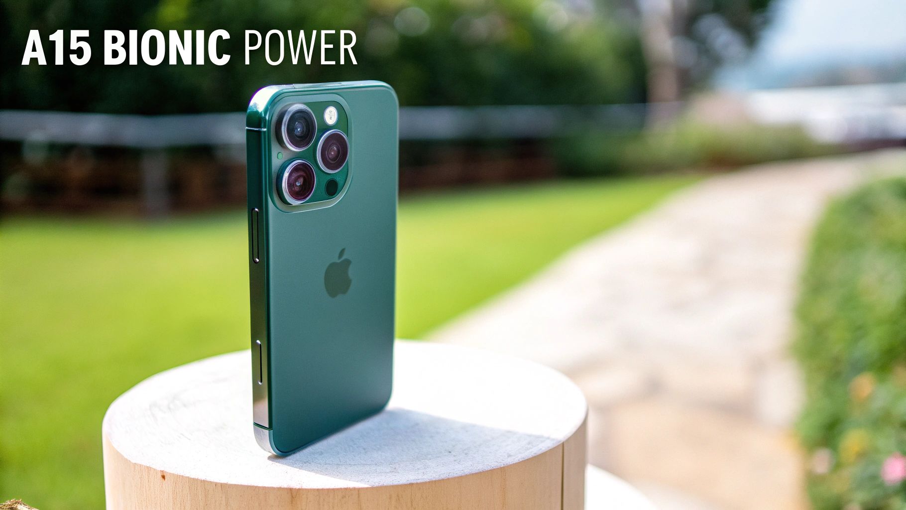 Green iPhone 13 Pro showcasing triple camera system and A15 Bionic chip power outdoors
