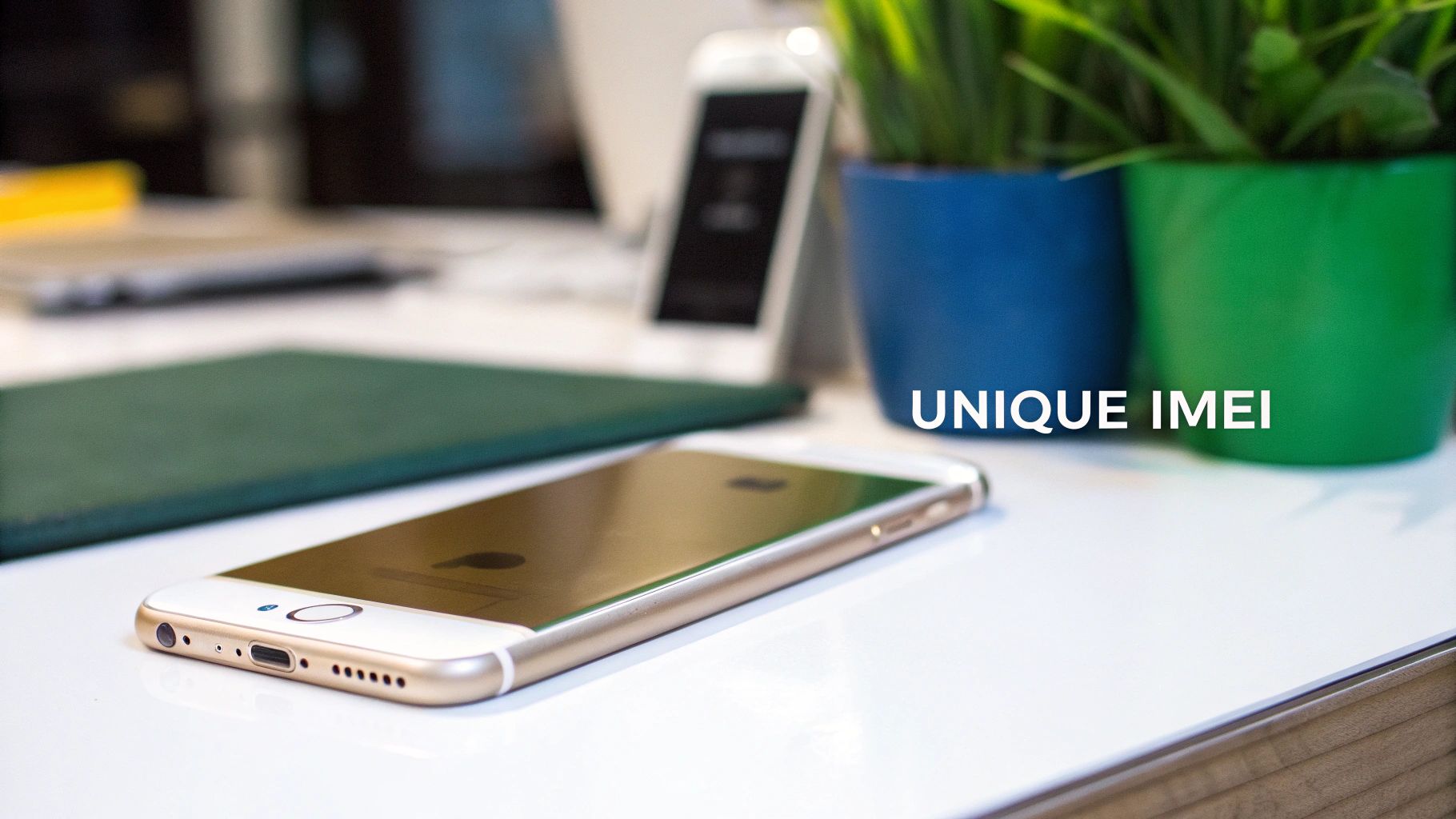 A gold iPhone resting on a white desk with potted plants and a laptop in the blurred background. The text 'UNIQUE IMEI' is overlaid.