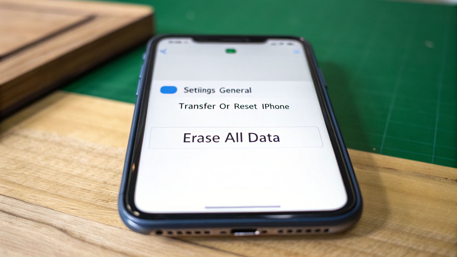 Close-up of an iPhone screen displaying the 'Erase All Data' option for resetting the device.