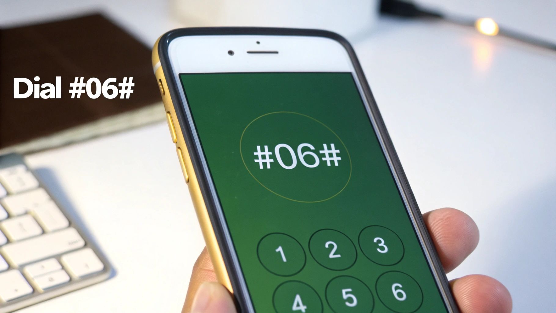 Close-up of a hand holding an iPhone displaying the IMEI check code #06# on a green screen.