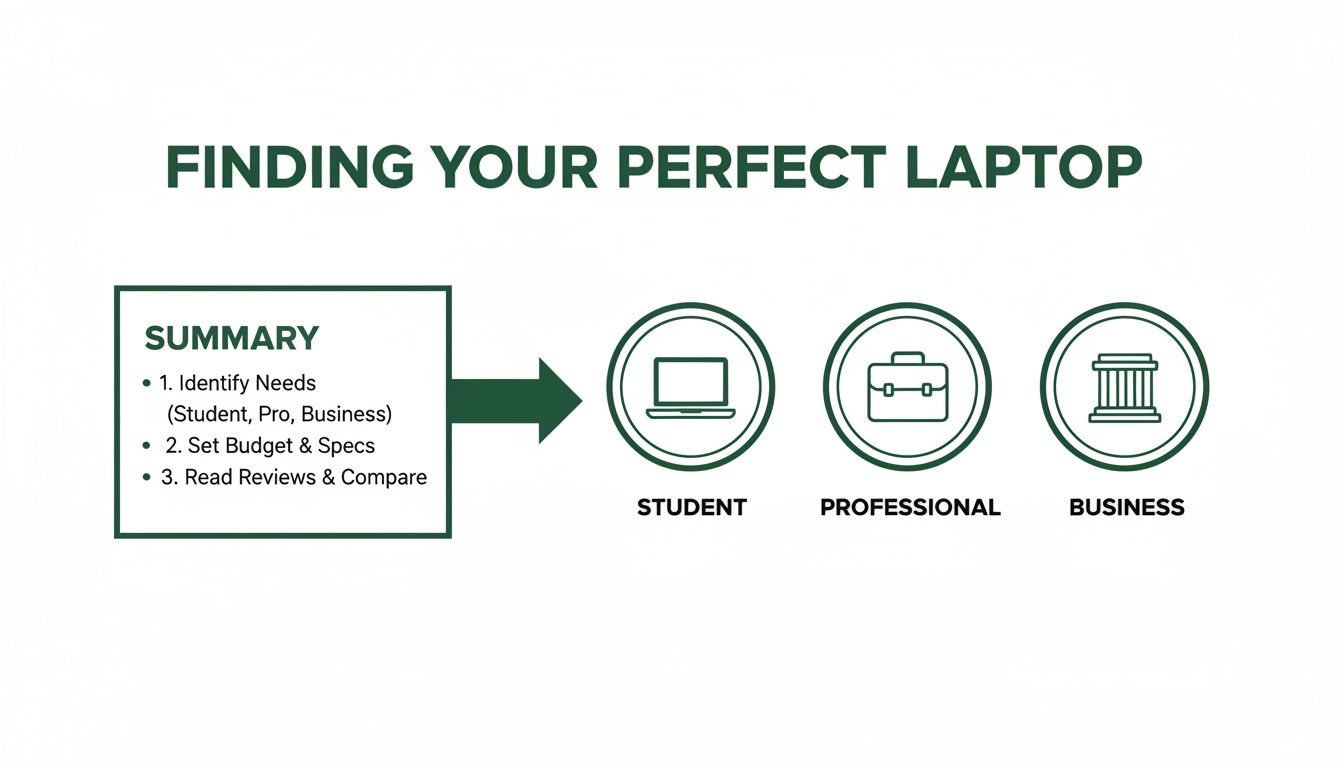 Infographic outlining steps to find the perfect laptop for student, professional, or business use.