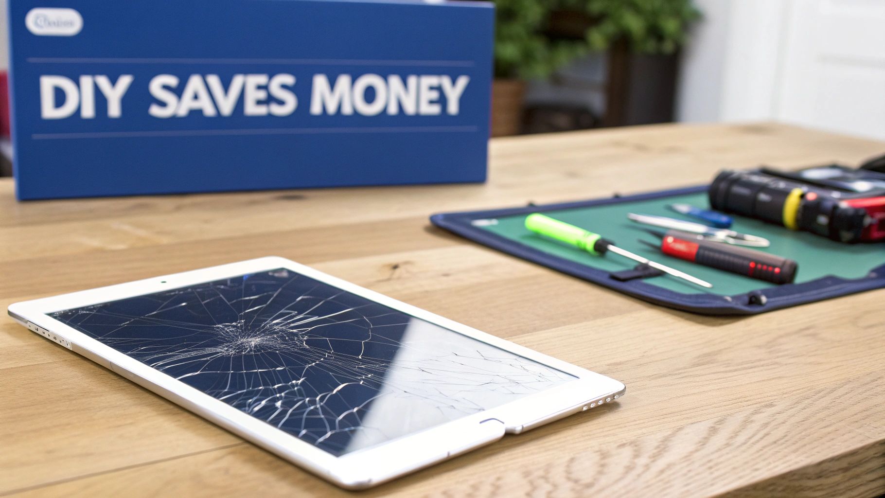 A cracked tablet screen on a wooden desk with repair tools and a "DIY SAVES MONEY" sign.
