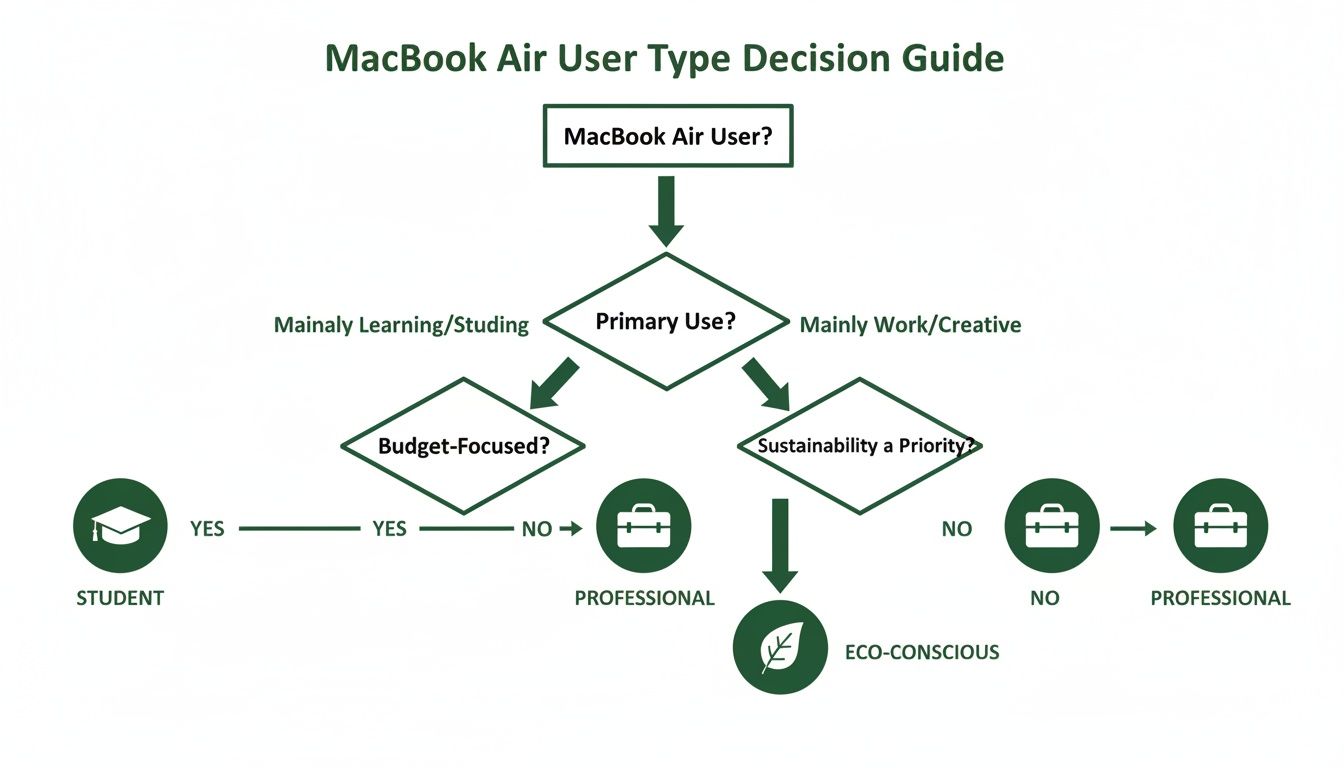 Flowchart titled 'MacBook Air User Type Decision Guide' categorizing users based on primary use and priorities.