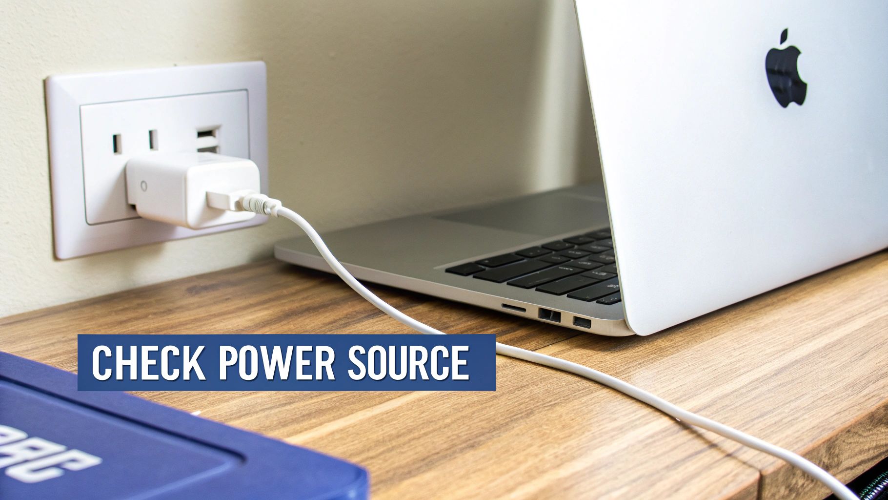 A silver MacBook laptop is charging from a white wall outlet, highlighting the power source.