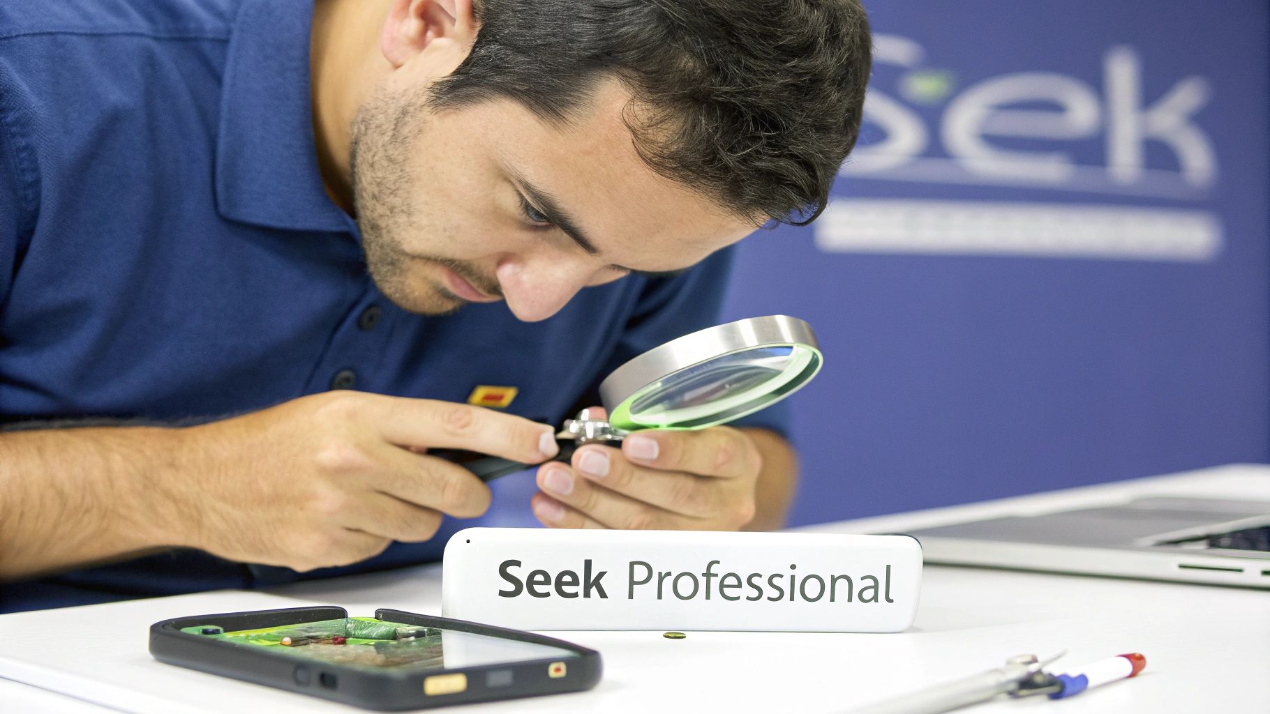 A technician using tweezers to carefully inspect the charging port of a disassembled smartphone on a workbench.